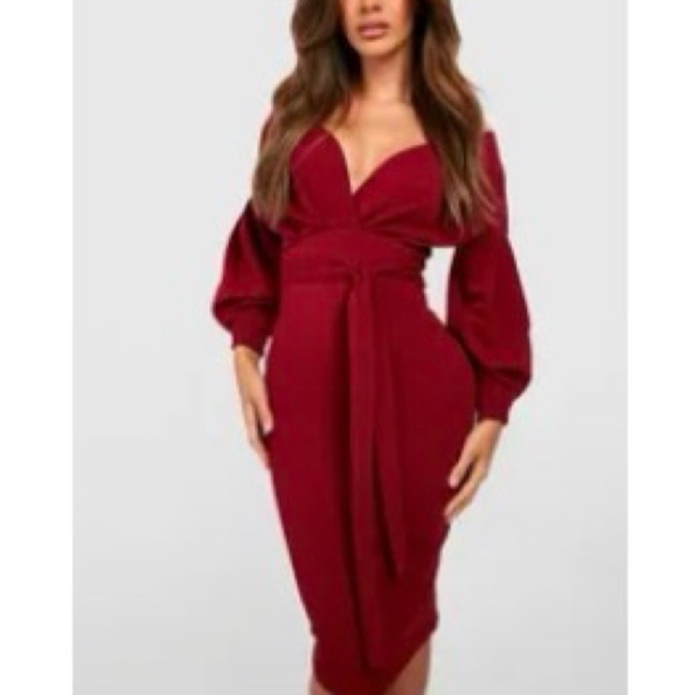 Off the Shoulder Wrap Midi Dress with Puff Sleeves